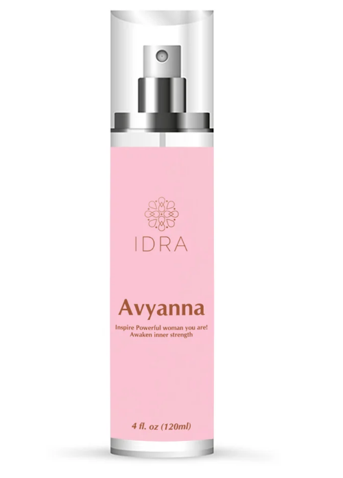 Bottle of Idra Wellness avyanna mist on white background