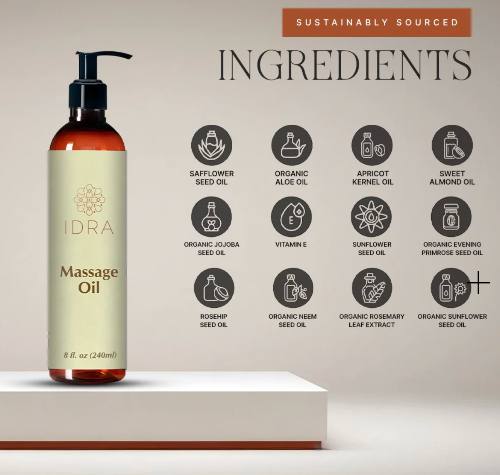 Idra Massage Oil bottle with ingredient list