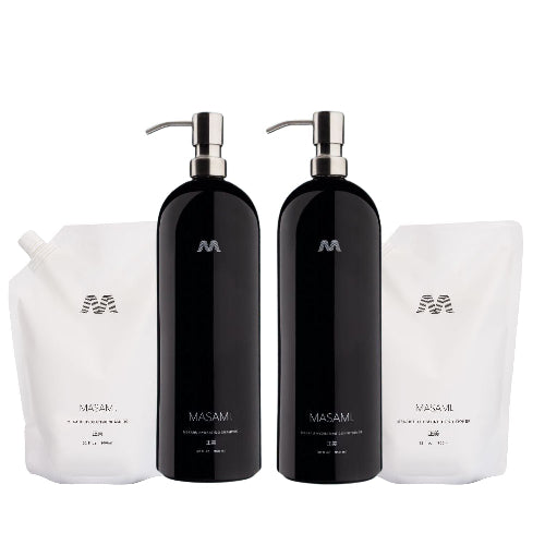 Two black bottles with silver pumps and two white pouches featuring the brand 'MASAMU' on a white background.