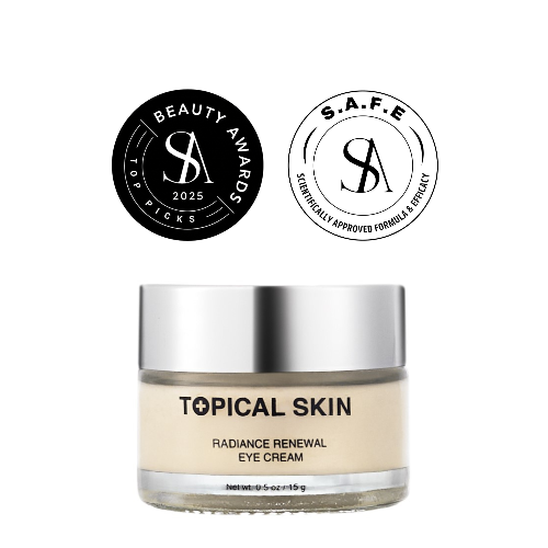 Topical Skin eye cream jar with 'Beauty Awards 2025' and 'S.A.F.E.' seals on a white background