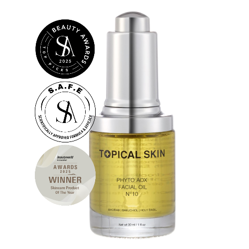 Topical Skin Phyto Aox Facial Oil No. 10 with awards on a white background