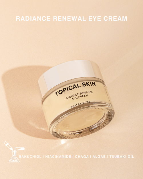 Topical Skin Radiance Renewal Eye Cream jar on a beige background