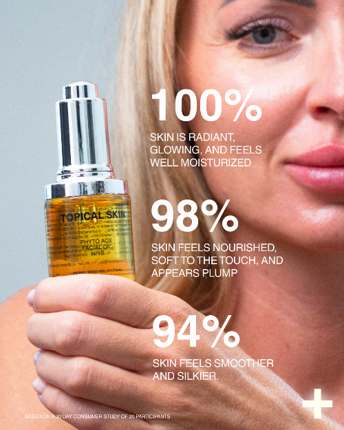 Woman holding a bottle of Topical Skin serum with text on skin benefits.