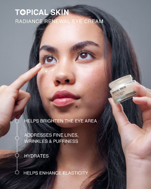 Woman applying eye cream with 'Topical Skin' eye cream jar shown, on a gray background.