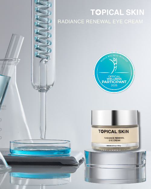 Topical Skin Radiance Renewal Eye Cream with laboratory equipment on a light gray background