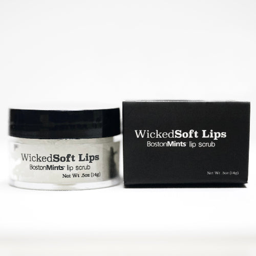 Wicked Soft Lips Boston Mints lip scrub with packaging on a white background